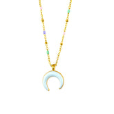 Gold Crescent Moon Pendant with Multicolor Bead Chain